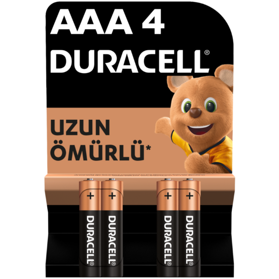 Duracell AAA İnce Kalem Pil — TV Kumanda ve Elektronik Cihazlar için Uzun Ömürlü Enerji (4'lü Paket) resmi